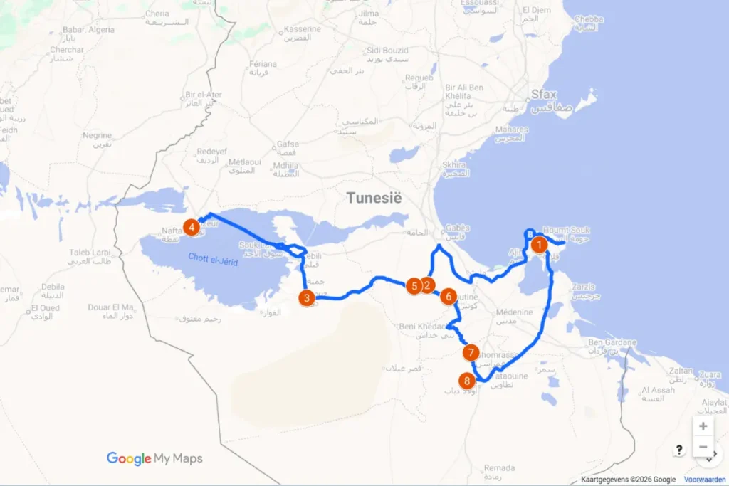 Kaart met onze reisroute in Zuid-Tunesië