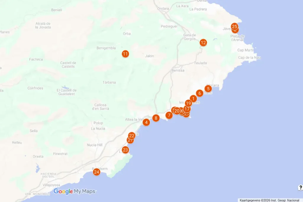 Kaart met onze favoriete bars en restaurants aan de Costa Blanca en de regio Calpe in Spanje die we zelf meermaals hebben uitgetest en waar we al meer dan 30 jaar komen