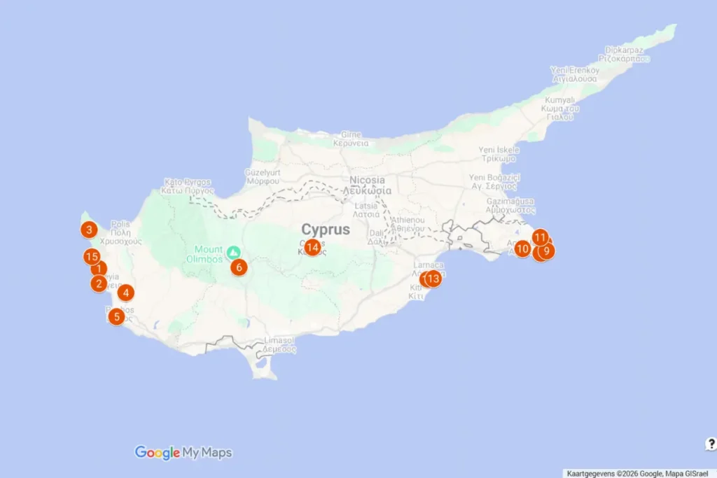 Kaart met de mooiste bezienswaardigheden in Cyprus die we hebben bezocht tijdens een rondreis