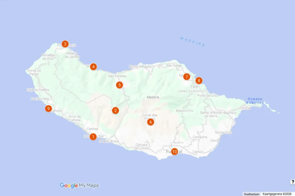 kaart met de 10 mooiste plekken en bezienswaardigheden op Madeira die Reisbeesten heeft bezocht