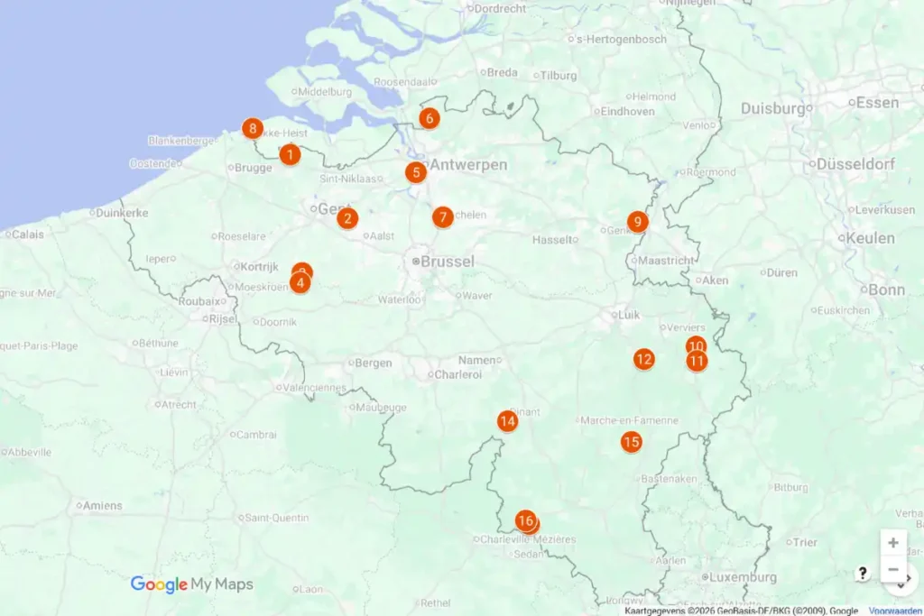 Kaart met de 16 mooiste wandelingen in België: Update 2026 (met GPX) - onze favoriete wandelingen die we zelf hebben uitgetest