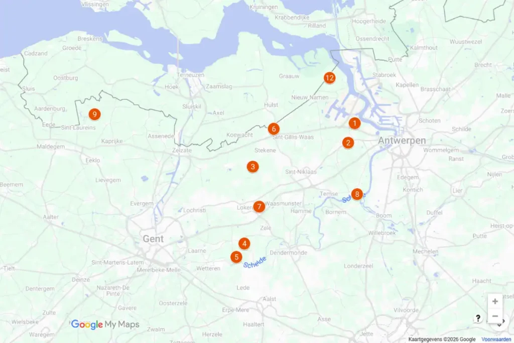 Kaart met de 12 mooiste wandelingen in Oost-Vlaanderen volgens Reisbeesten