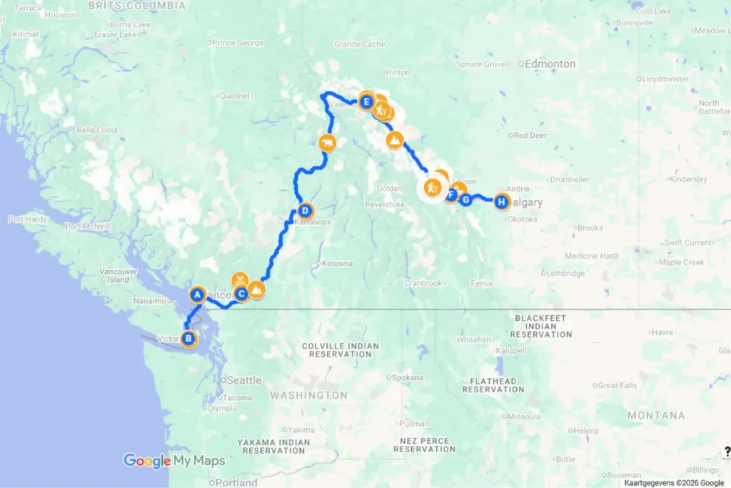 Onze roadtrip reisroute van twee weken in West-Canada op de kaart
