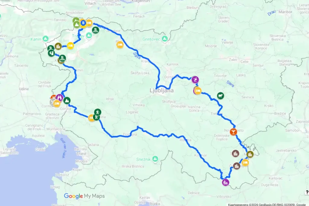kaart met onze rondreis Slovenië: route + mooiste plekken