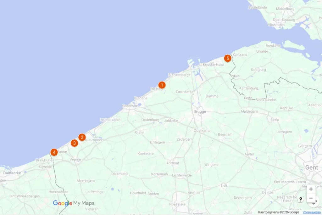 Kaart met mooie wandelingen aan de Belgische Kust