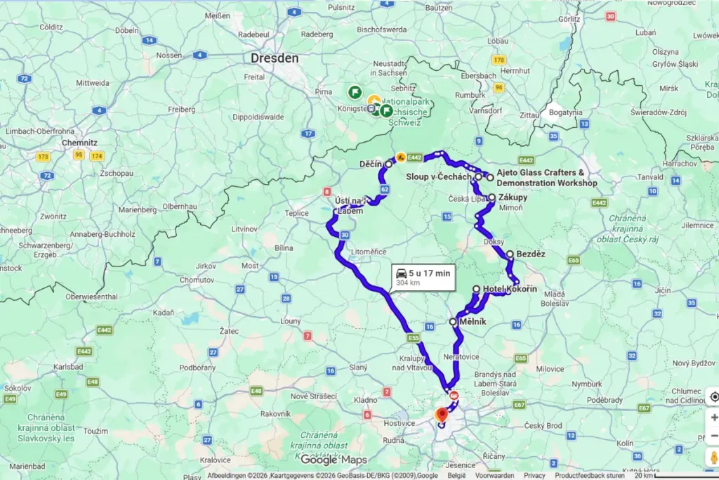 Onze roadtrip route langs de mooiste plekken van Noord- en Centraal-Bohemen op de kaart