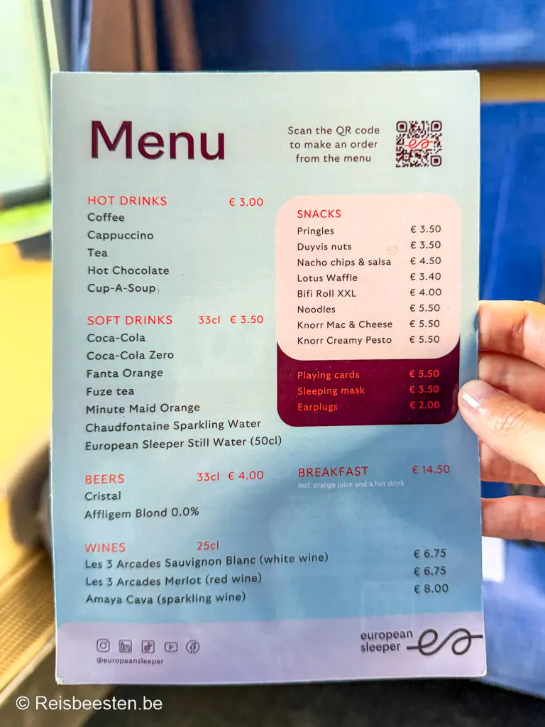 Review European Sleeper nachttrein: onze ervaring & tips: menu scannen met QR code